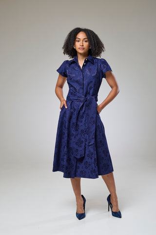 Royal Blue Petals Short Sleeve Shirt Dress