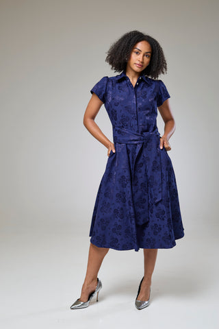 Royal Blue Petals Short Sleeve Shirt Dress