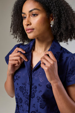 Royal Blue Petals Short Sleeve Shirt Dress