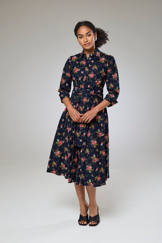 Navy Flora Cord Long Sleeve Dress