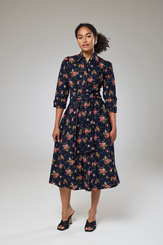 Navy Flora Cord Long Sleeve Dress