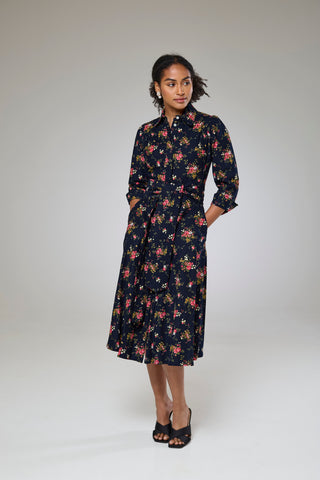 Navy Flora Cord Long Sleeve Dress