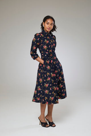Navy Flora Cord Long Sleeve Dress