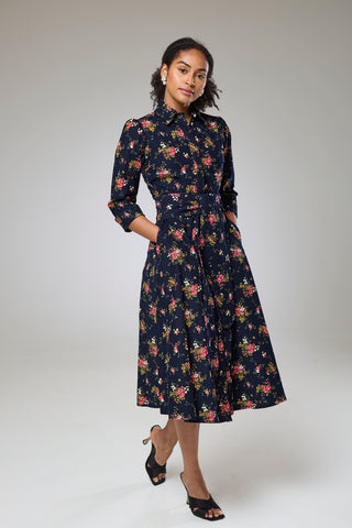 Navy Flora Cord Long Sleeve Dress