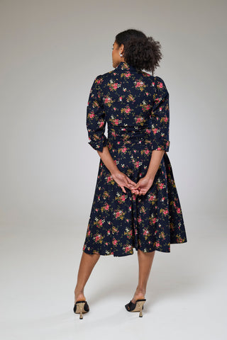 Navy Flora Cord Long Sleeve Dress