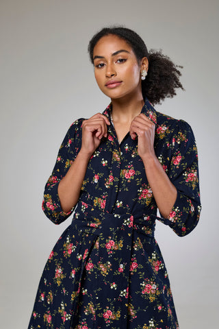 Navy Flora Cord Long Sleeve Dress