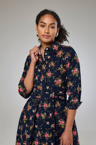 Navy Flora Cord Long Sleeve Dress