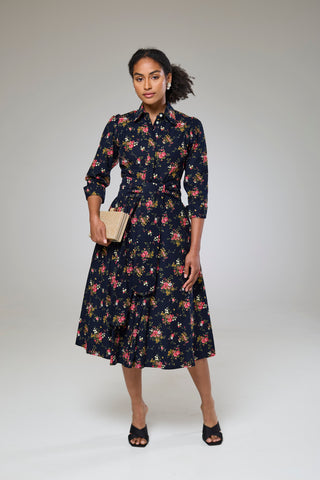 Navy Flora Cord Long Sleeve Dress