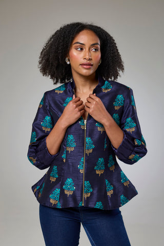 Aquamarine Embroidered Raw Silk Fitted Jacket Blouse